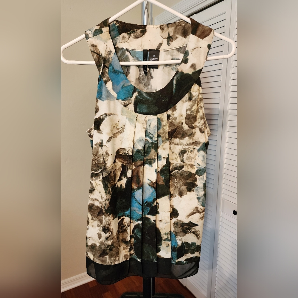 Sleeveless Top with Pleating and Sheer Trim Multi Color Black/Teal/Cream